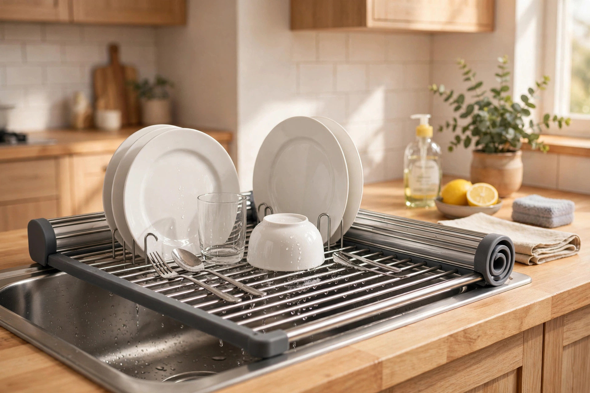 Escurridor enrollable sobre fregadero · Roll-up over-sink dish rack