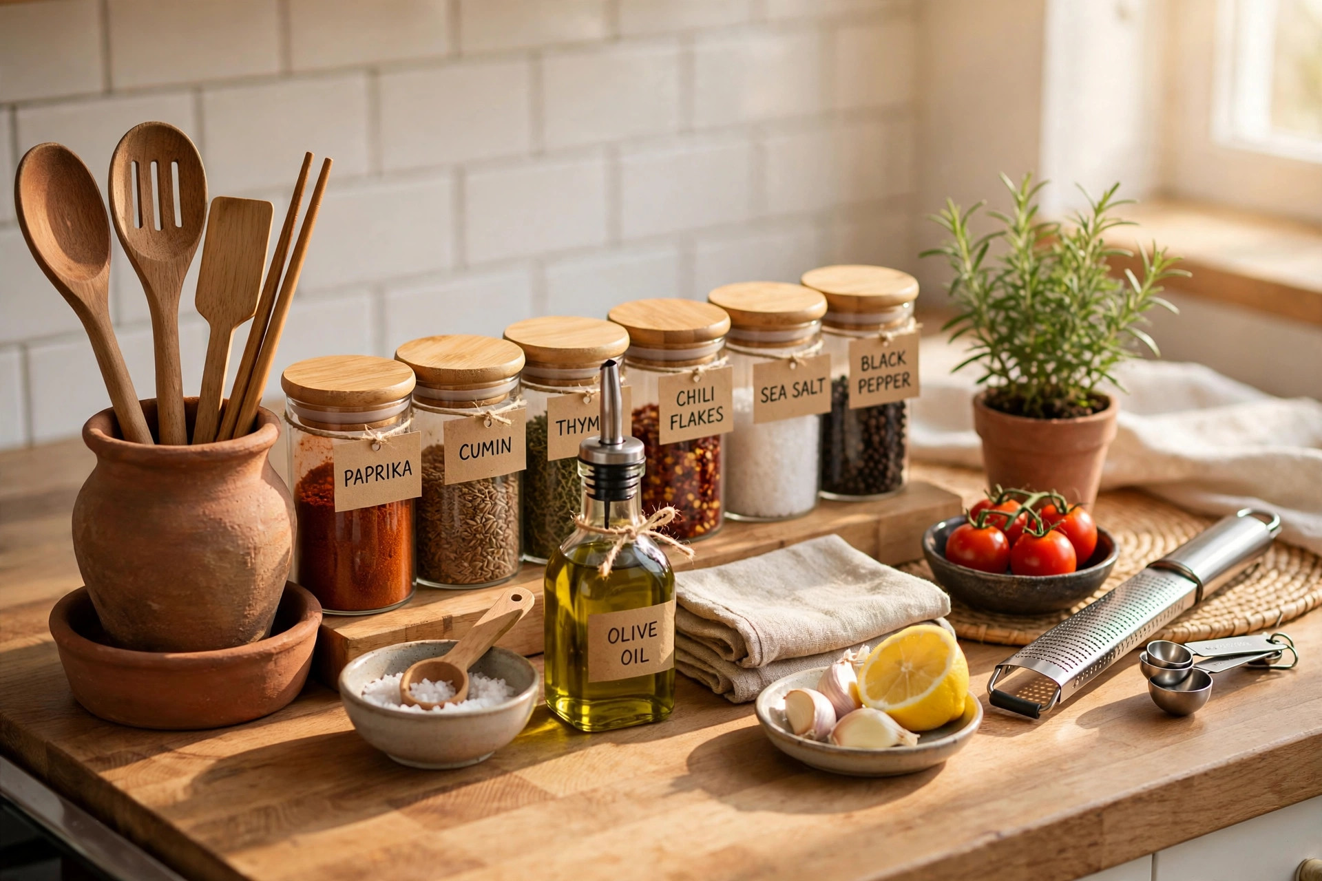 Cocina pequeña ordenada con utensilios colgados · Tidy small kitchen with hanging utensils