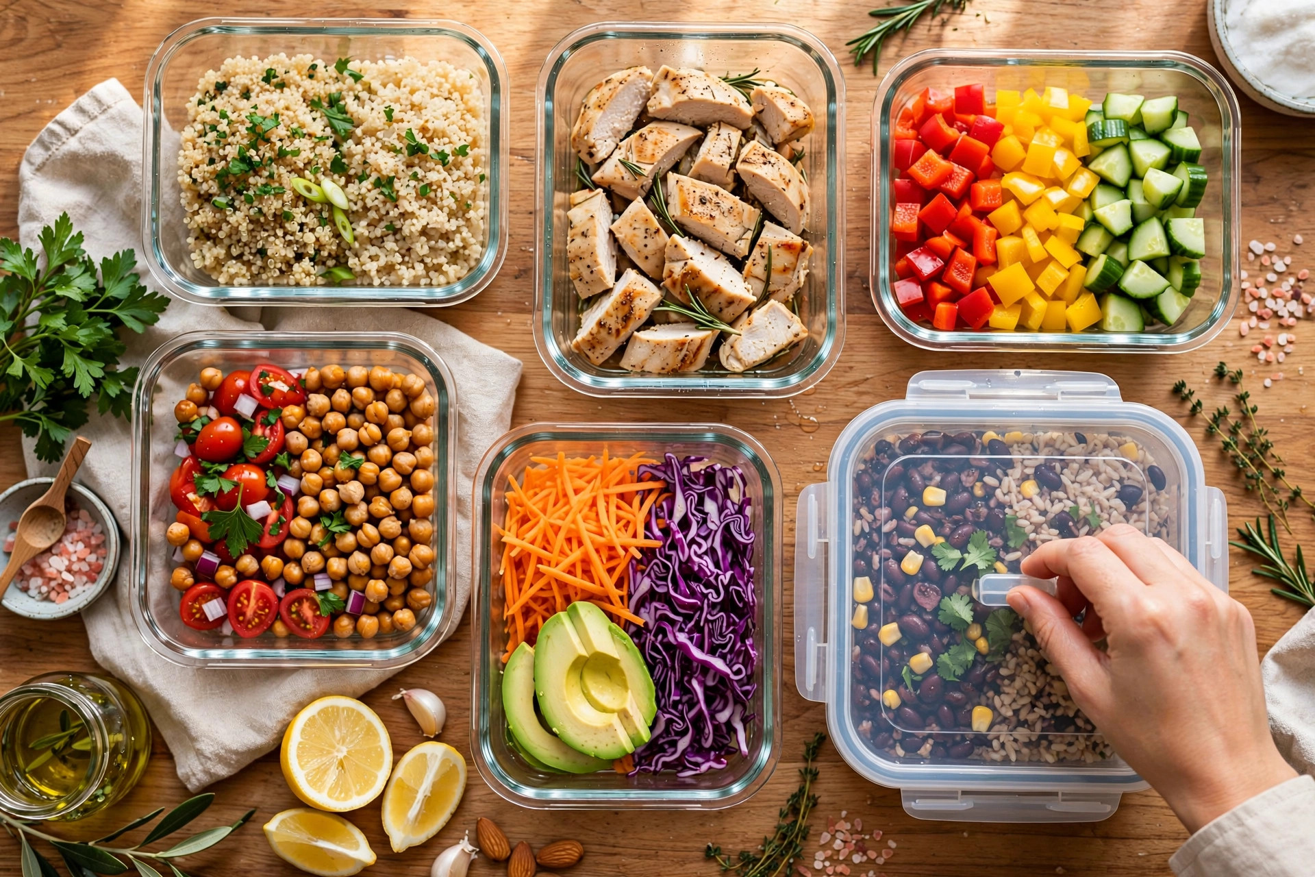 Meal prep: envases con comida lista para la semana · Meal prep containers ready for the week