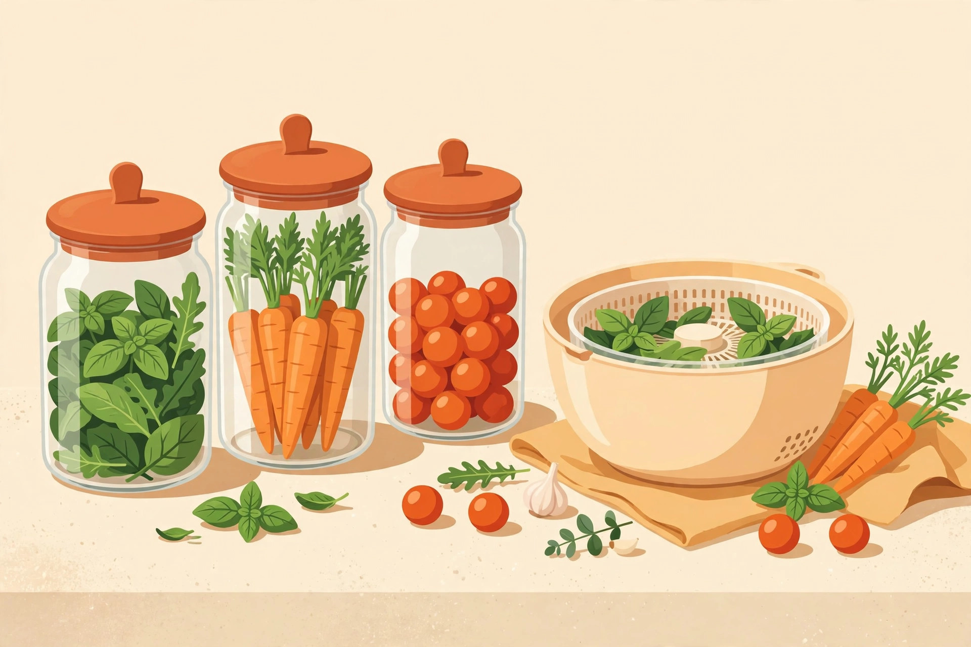 Verduras frescas guardadas en envases con tapa · Fresh vegetables stored in lidded containers