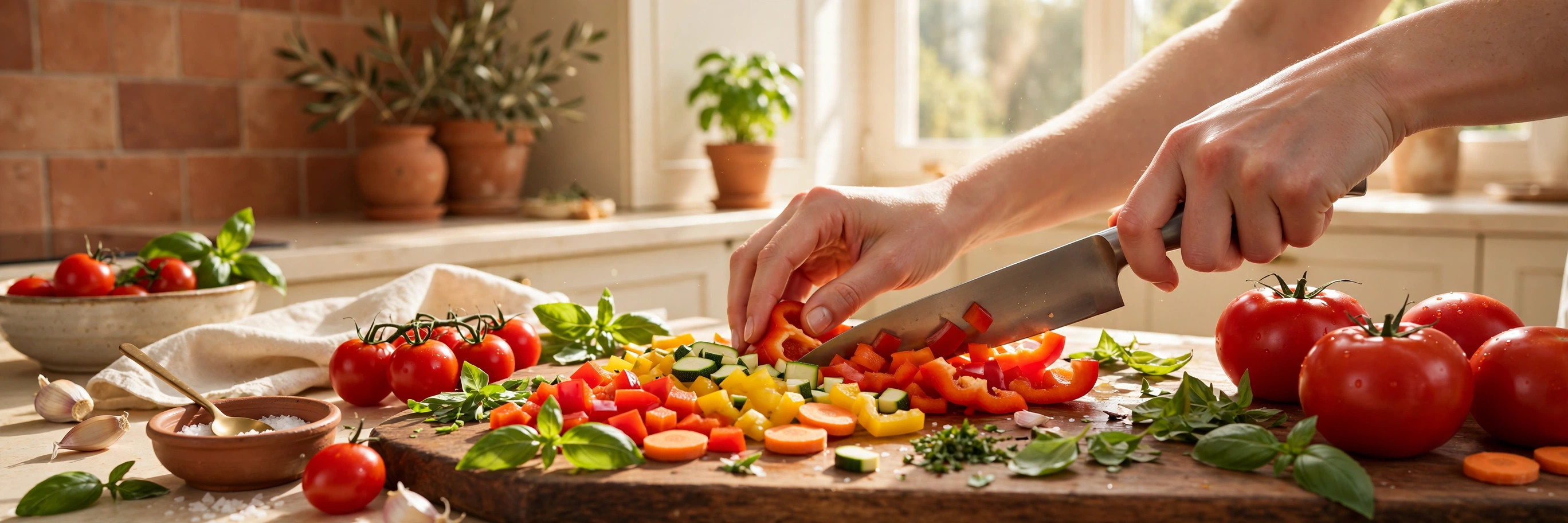 Manos picando verduras frescas en una cocina iluminada · Hands chopping fresh vegetables in a bright kitchen